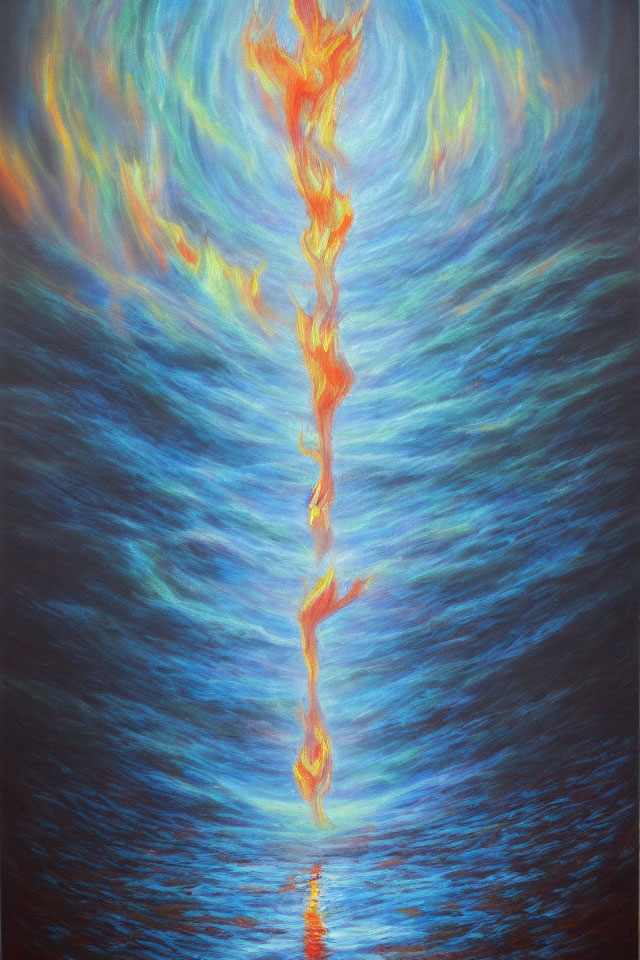 Abstract painting: Fiery swirl in shades of blue symbolizes dynamic motion.