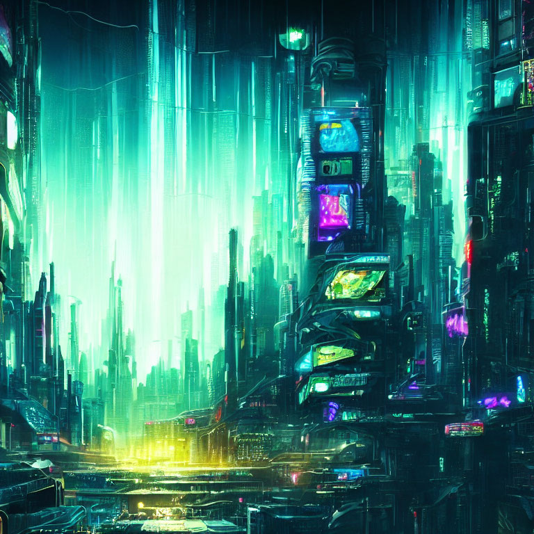 Futuristic cityscape with neon lights and skyscrapers in rain