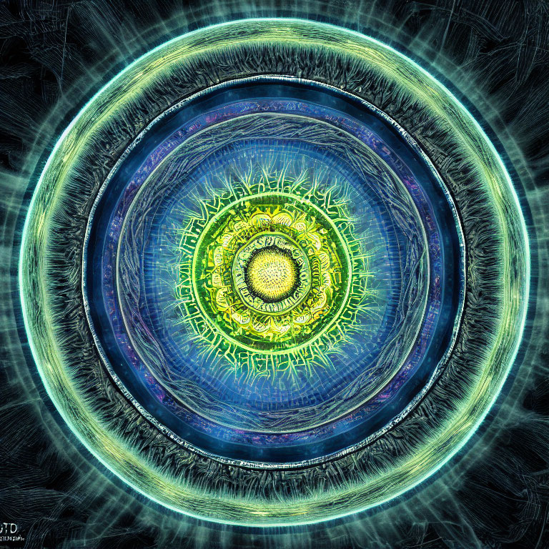Intricate abstract fractal art of glowing eye with blue and green hues