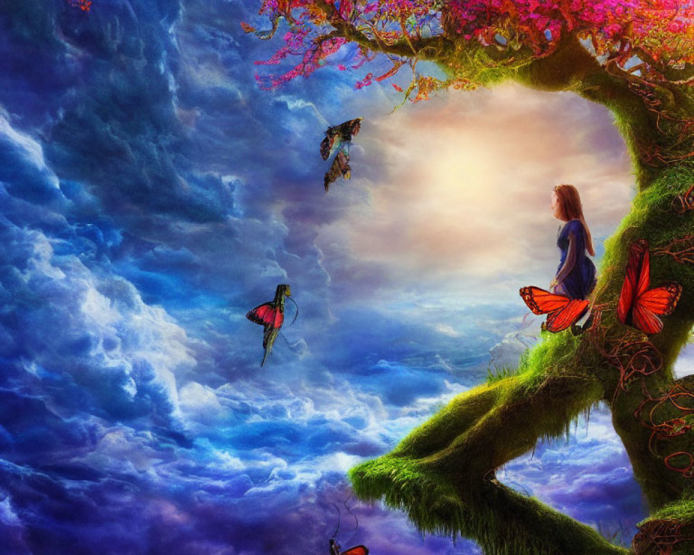 Woman Sitting on Tree Branch Surrounded by Butterflies in Surreal Fantasy Scene