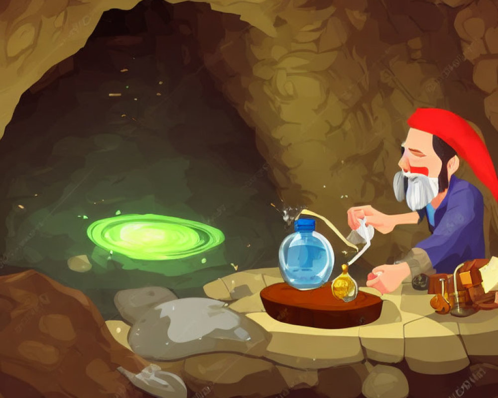 Bearded alchemist in red hat brews potion by green pool in cave