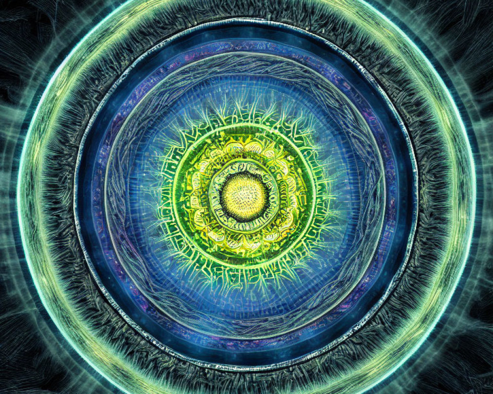 Intricate abstract fractal art of glowing eye with blue and green hues