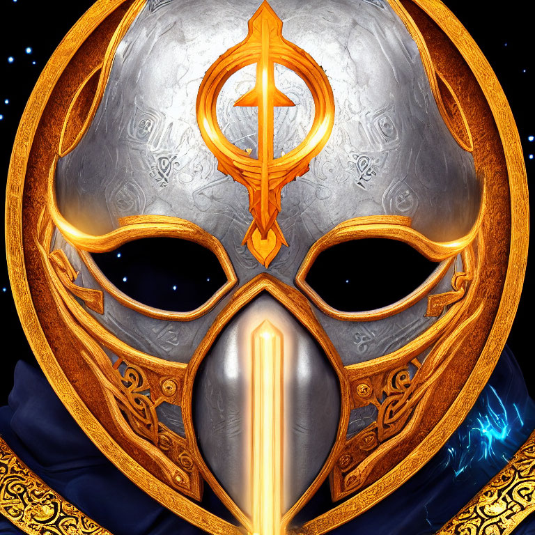 Detailed Metallic Knight's Helmet with Golden Accents on Starry Background