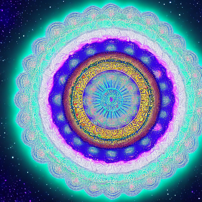 Intricate gold and purple digital mandala on teal background