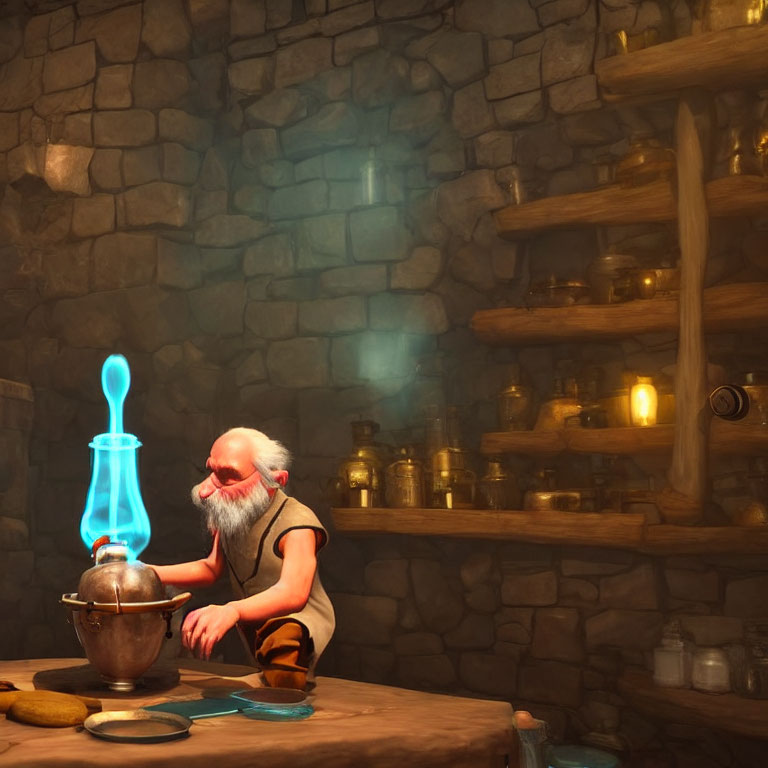 Elderly man brewing potion in stone-walled room