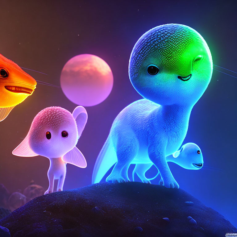 Colorful digital artwork: Glowing animals, fish with light bulb, whimsical creature