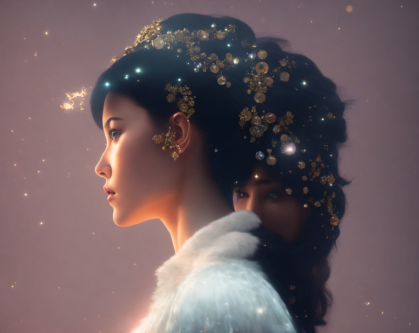 Woman with Dark Hair, Golden Flowers, Stars, White Fur Collar, Cosmic Background