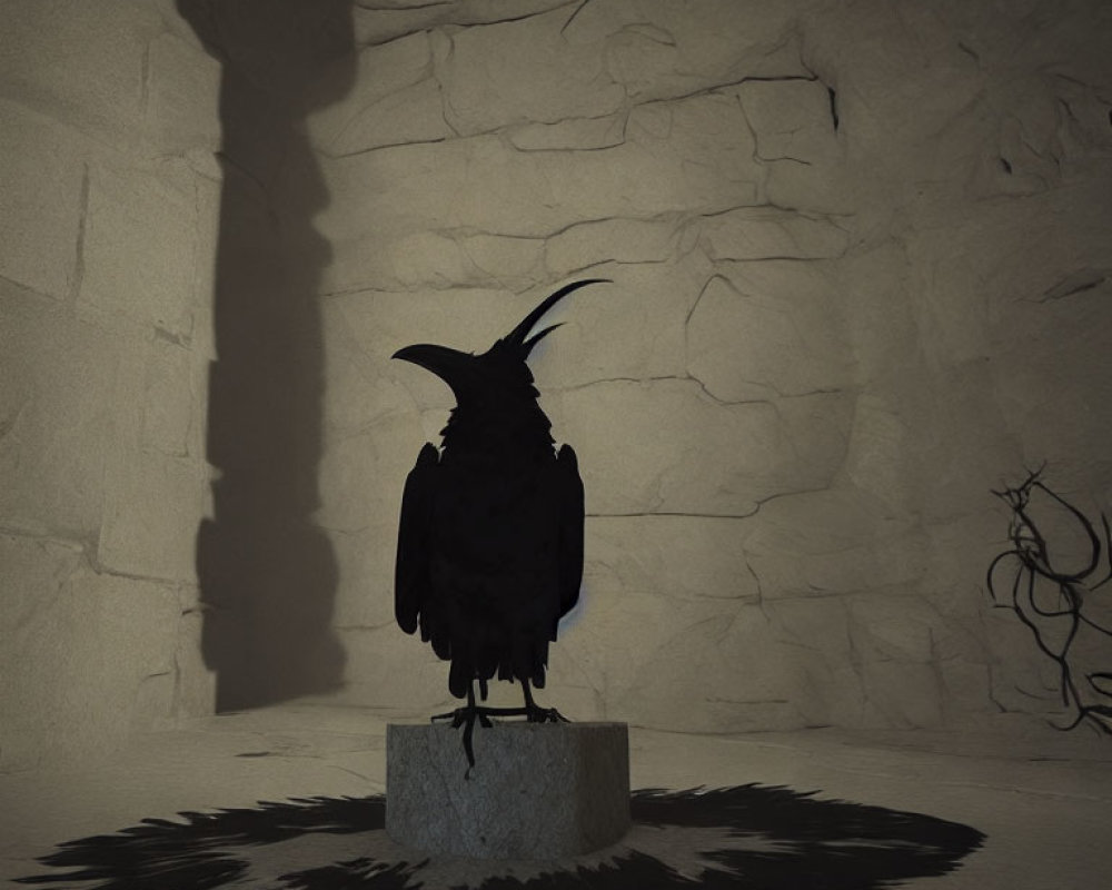 Raven perched on stone in dimly lit room with ominous shadow