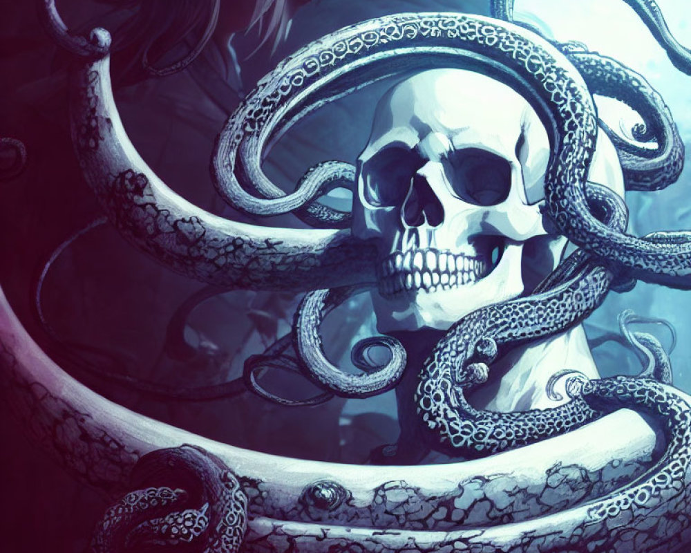 Skull with octopus tentacles in dark blue underwater scene