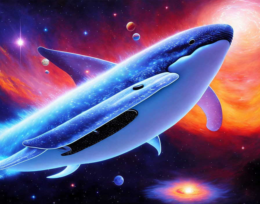 Whale swimming in vibrant cosmic space with stars and planets
