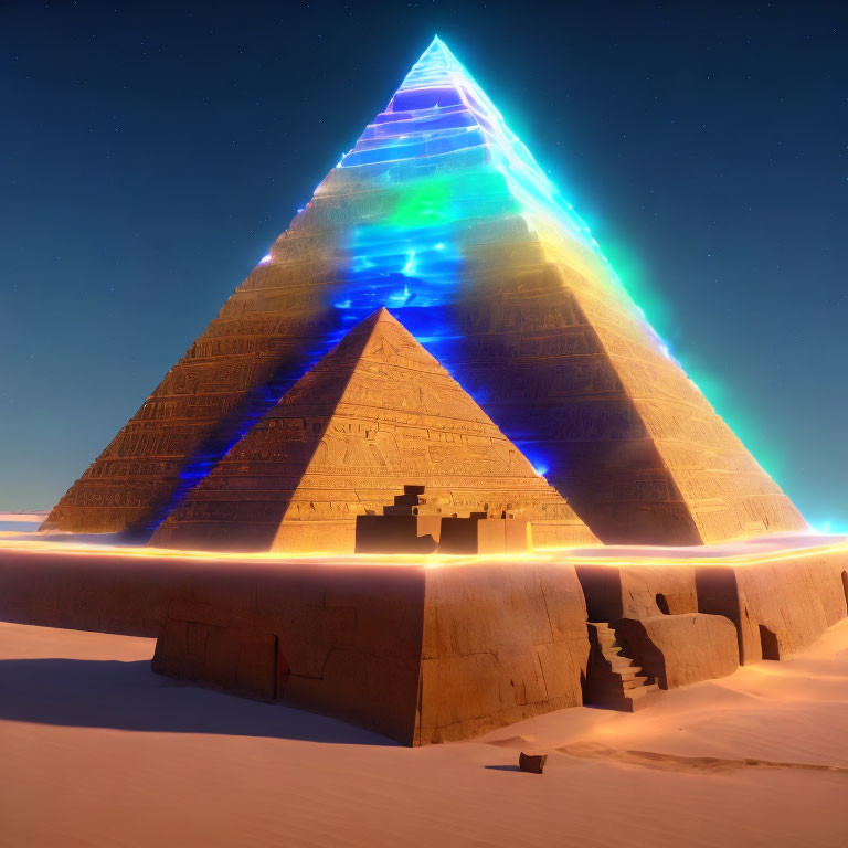 Glowing spectrum effect on pyramid under twilight sky