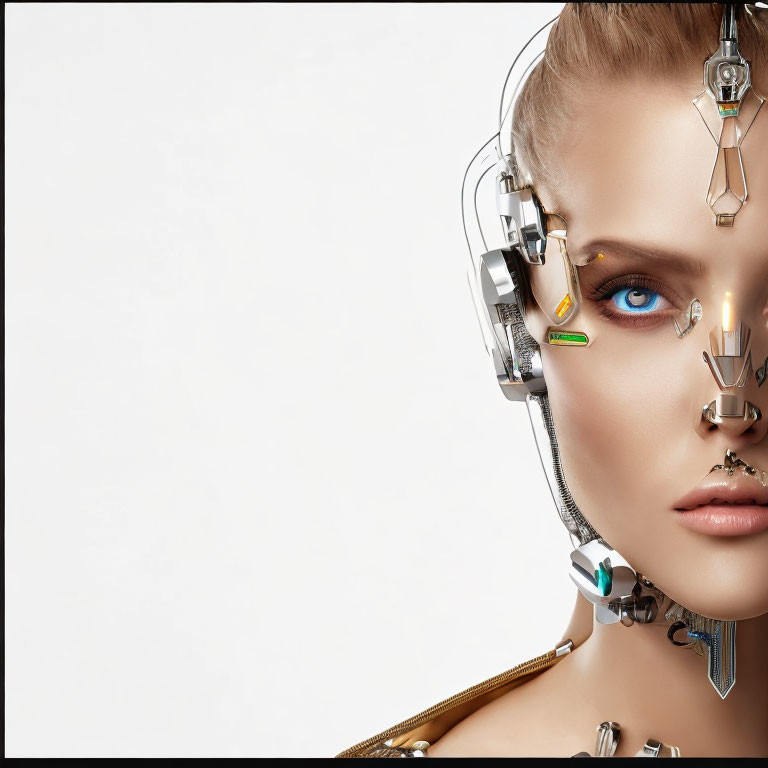 Cybernetic Human Female Face with Striking Blue Eye
