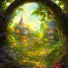 Tranquil fantasy pathway with thatched roof cottages and lush greenery