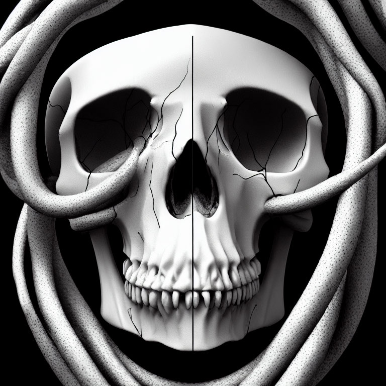 Monochromatic skull surrounded by snake-like forms