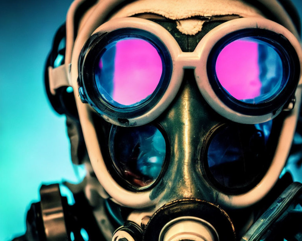 Person in Gas Mask with Pink-Tinted Goggles on Blue Background
