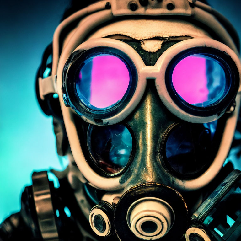 Person in Gas Mask with Pink-Tinted Goggles on Blue Background