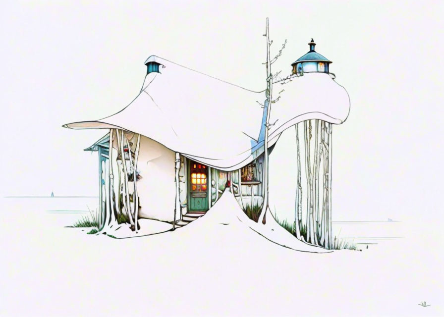 Snow-covered cottage with lanterns and bare tree illustration