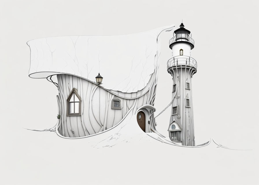 Surreal lighthouse integrated with flowing fabric on plain background