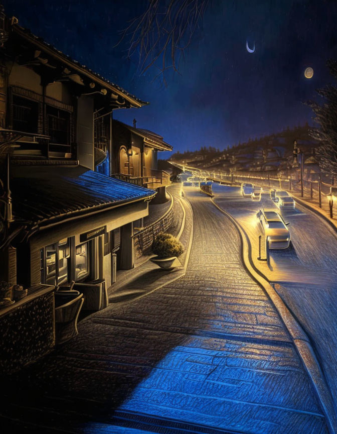 Traditional houses and slanting street at night with vintage streetlights and crescent moon