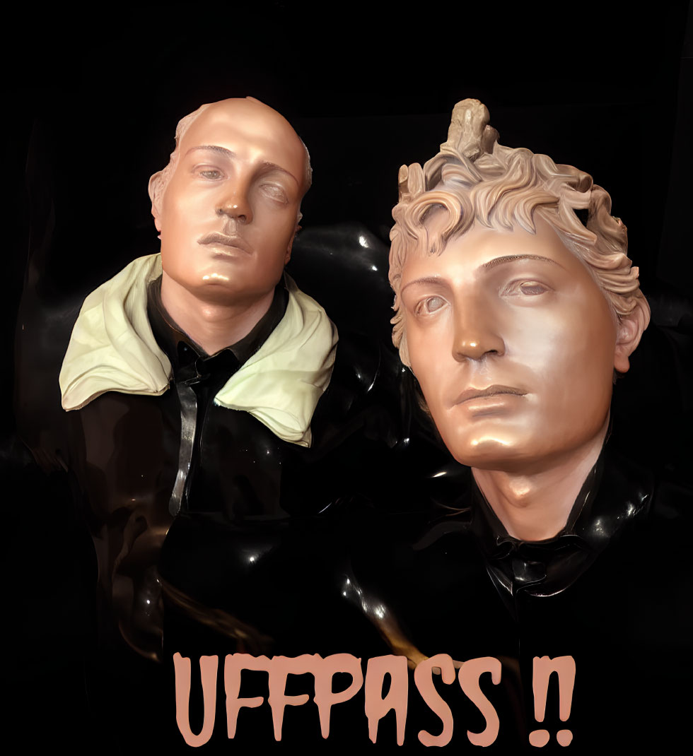 Pair of Lifelike Busts on Glossy Black Surface with "UFFPASS!" Text