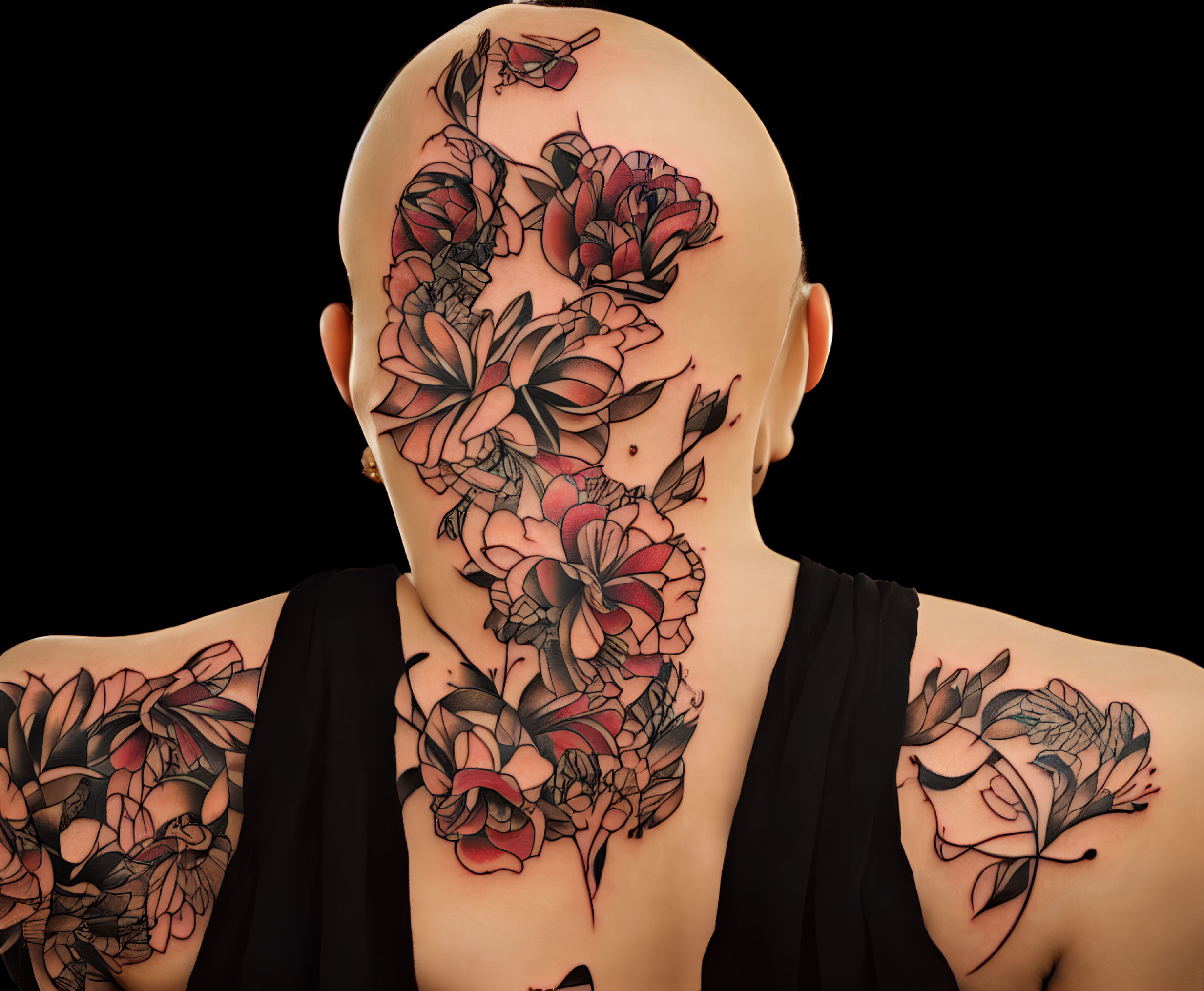 Bald Person with Red and Black Floral Tattoo on Shoulders