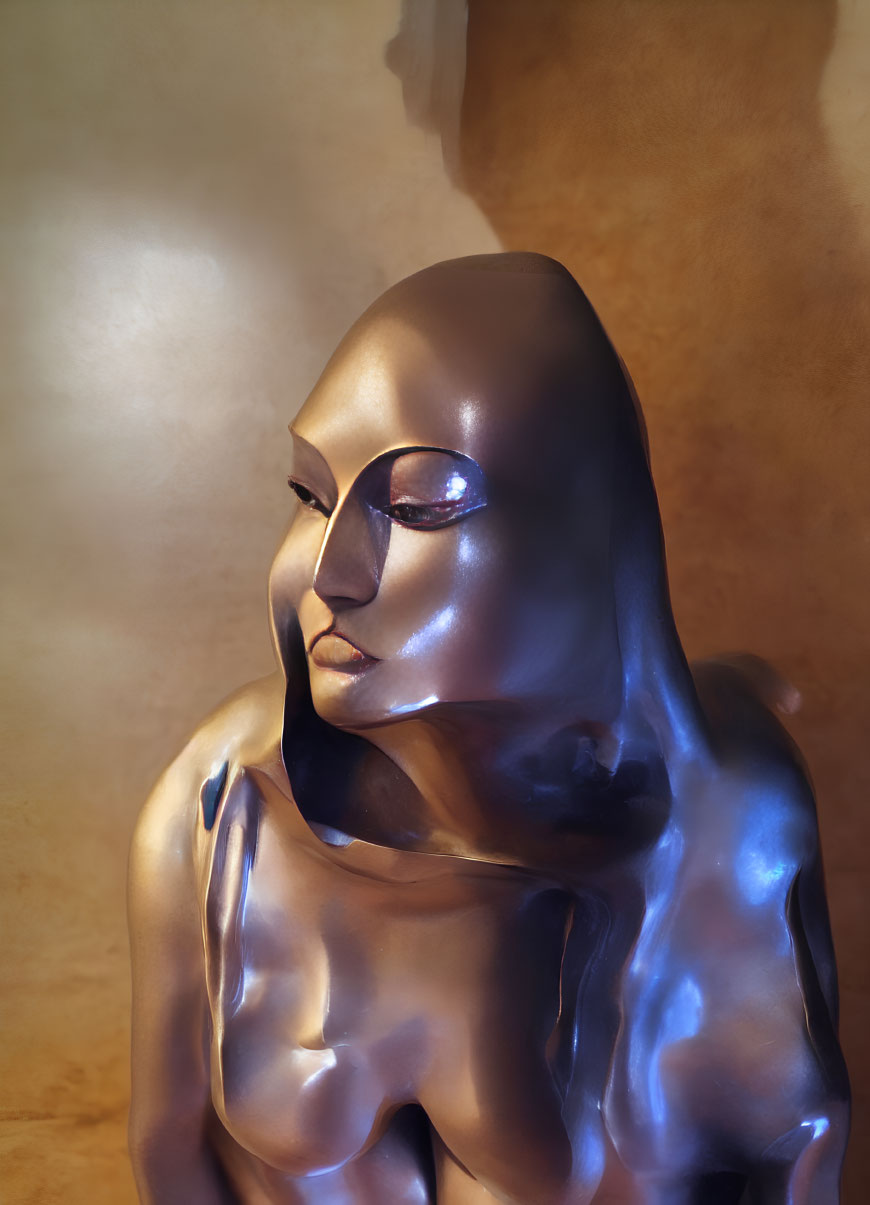 Figure with Glossy Metallic Skin on Warm Background