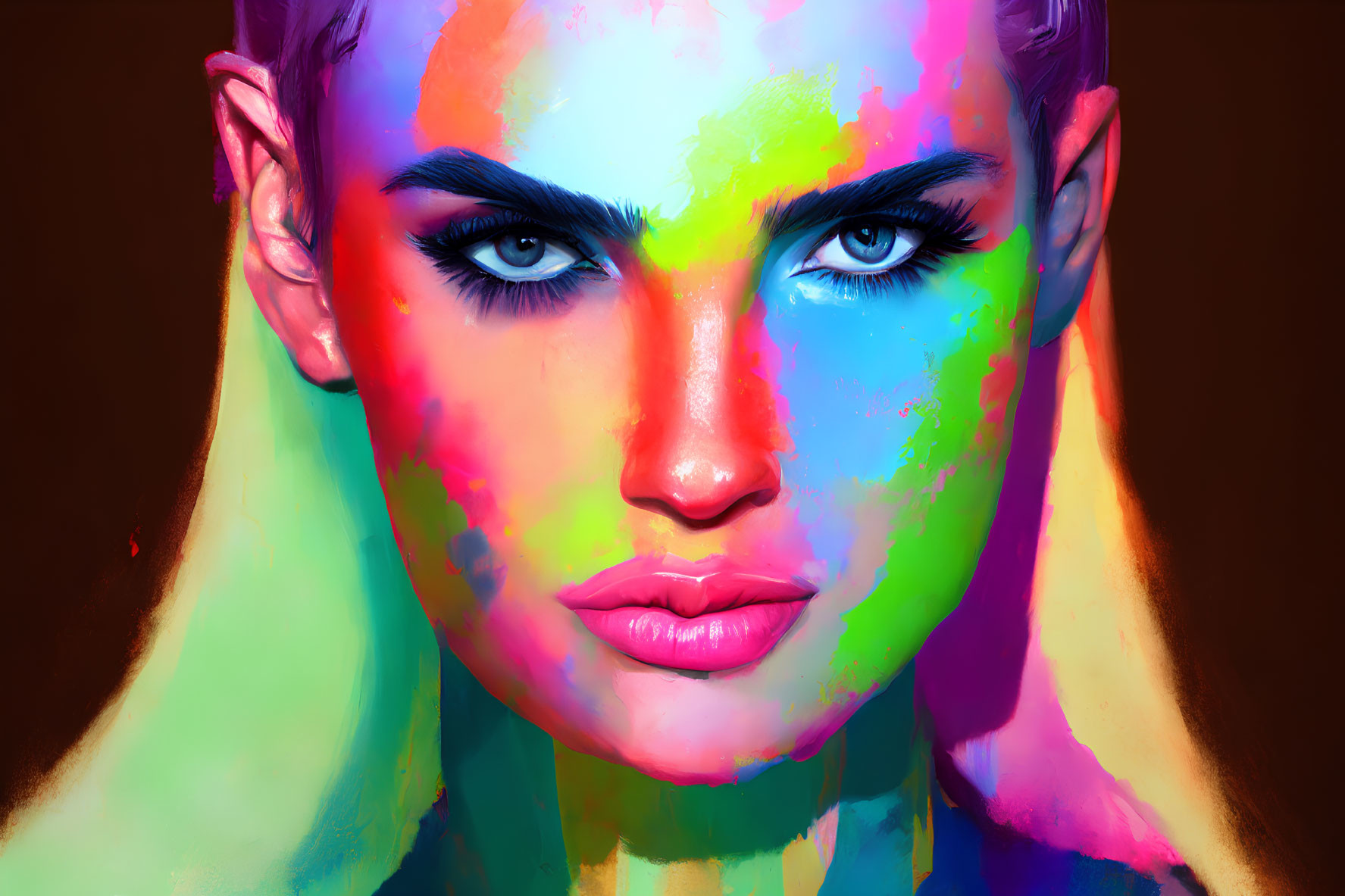 Vibrant multicolored paint splatters on face with blue eyes and pink lips on brown background