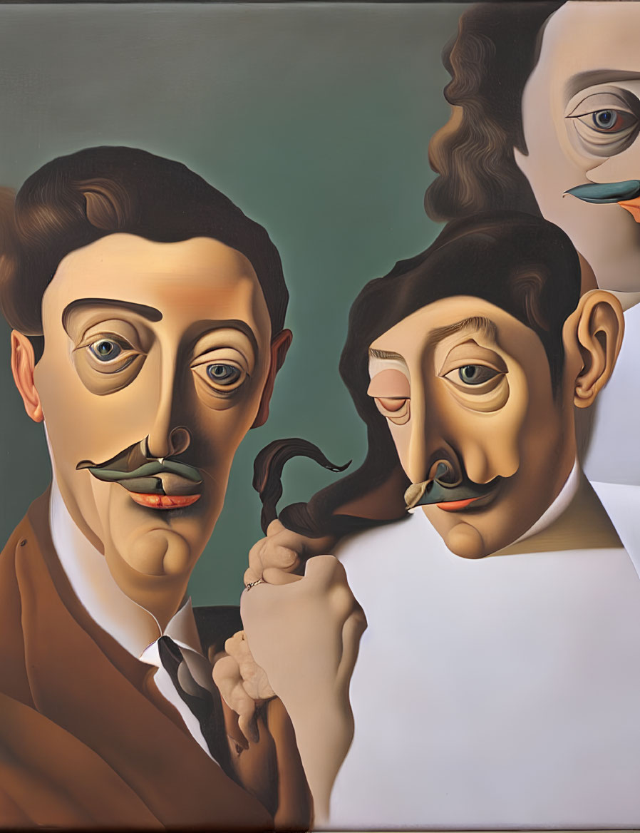 Surrealist painting of two figures with stylized features and pipes on green-gray background