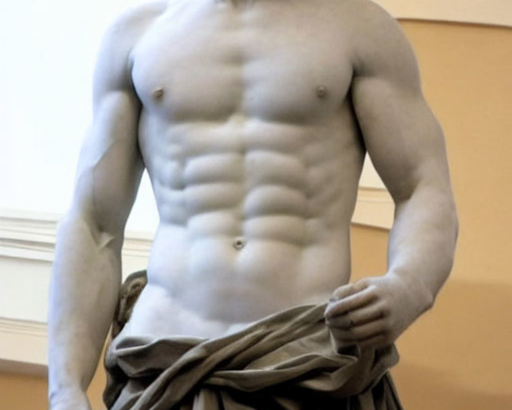 Muscular male marble statue with draped cloth and wavy hair