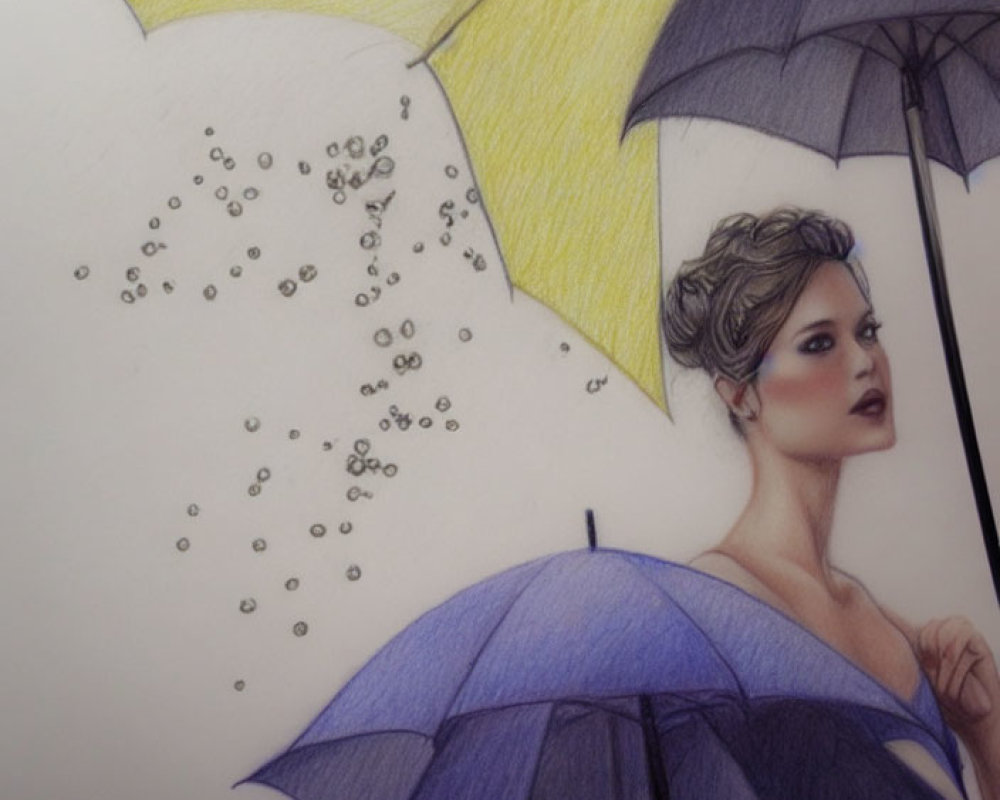 Sketched portrait of woman with blue umbrella and crystal embellishments