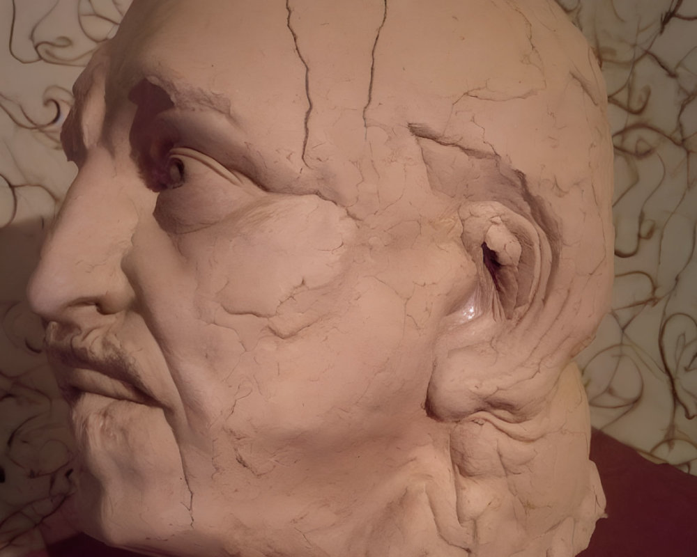 Realistic clay sculpture of human head with detailed features and expressions