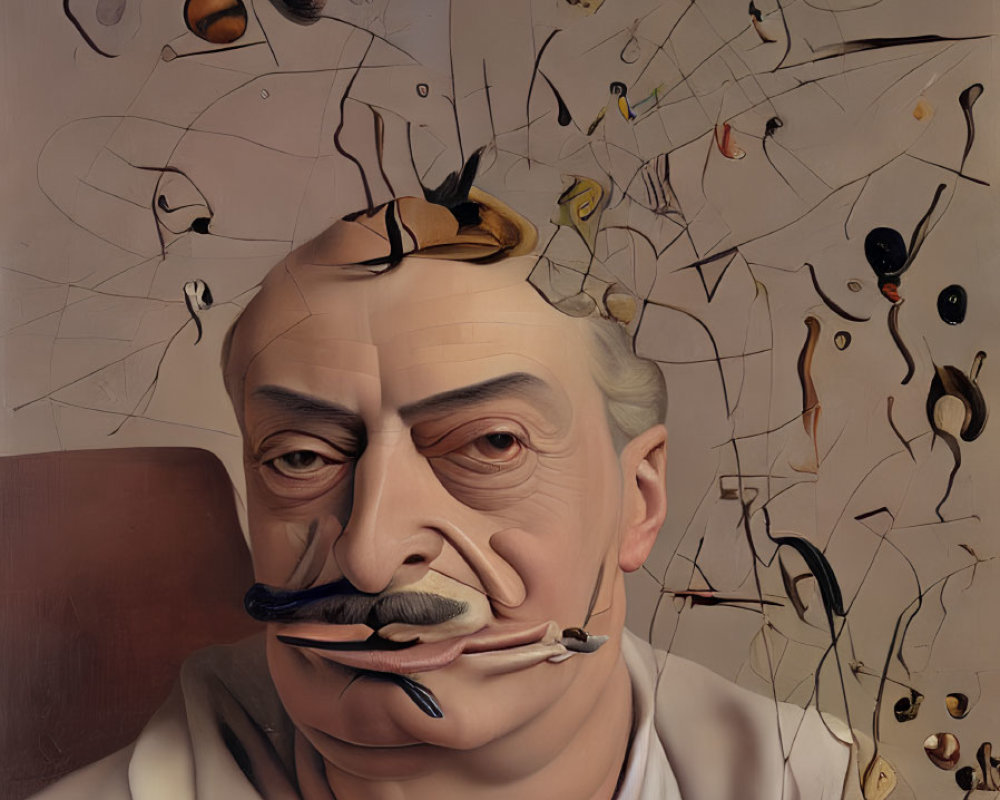 Surreal portrait of a man with mustache and melting clocks
