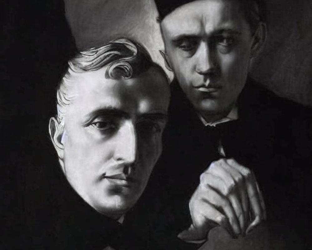 Vintage grayscale image of two somber men with pronounced facial features