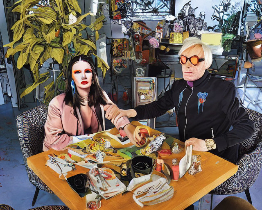 Two People with Stylized Masks Surrounded by Fast Food and Plants