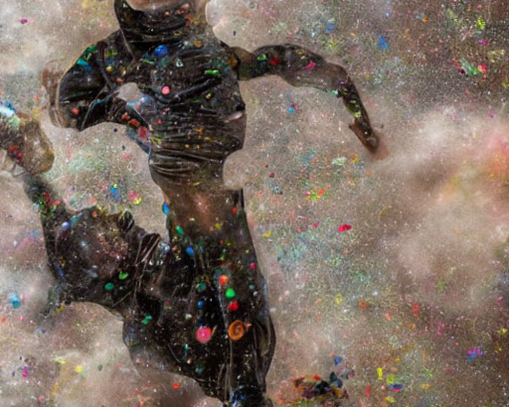 Child in Black Outfit Smiling Surrounded by Colorful Confetti