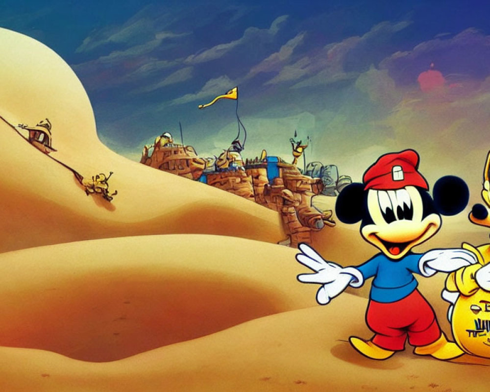 Cartoon characters in desert fort with flags under blue sky