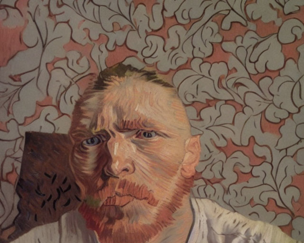 Portrait of Man with Ginger Beard and Intense Gaze on Floral Wallpaper
