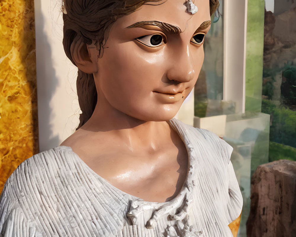 Detailed close-up of a statue with textured dress and headpiece in warm lighting