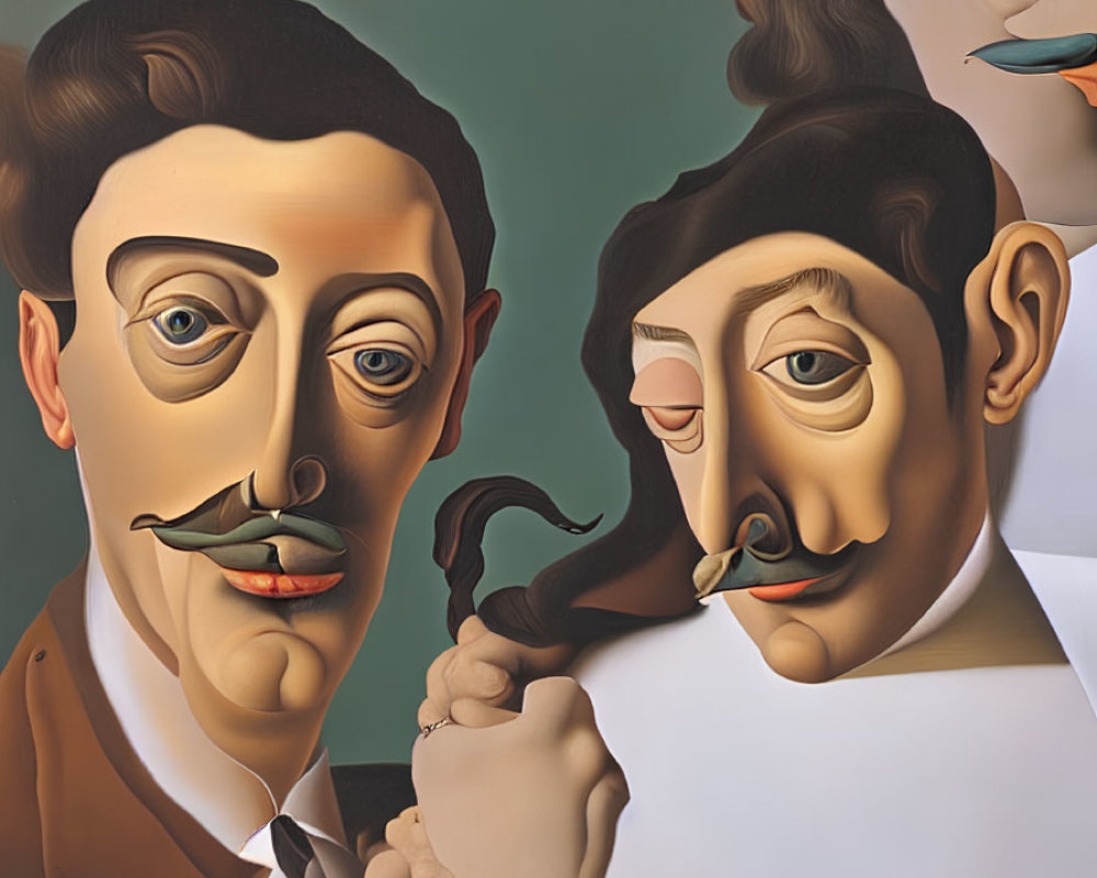 Surrealist painting of two figures with stylized features and pipes on green-gray background