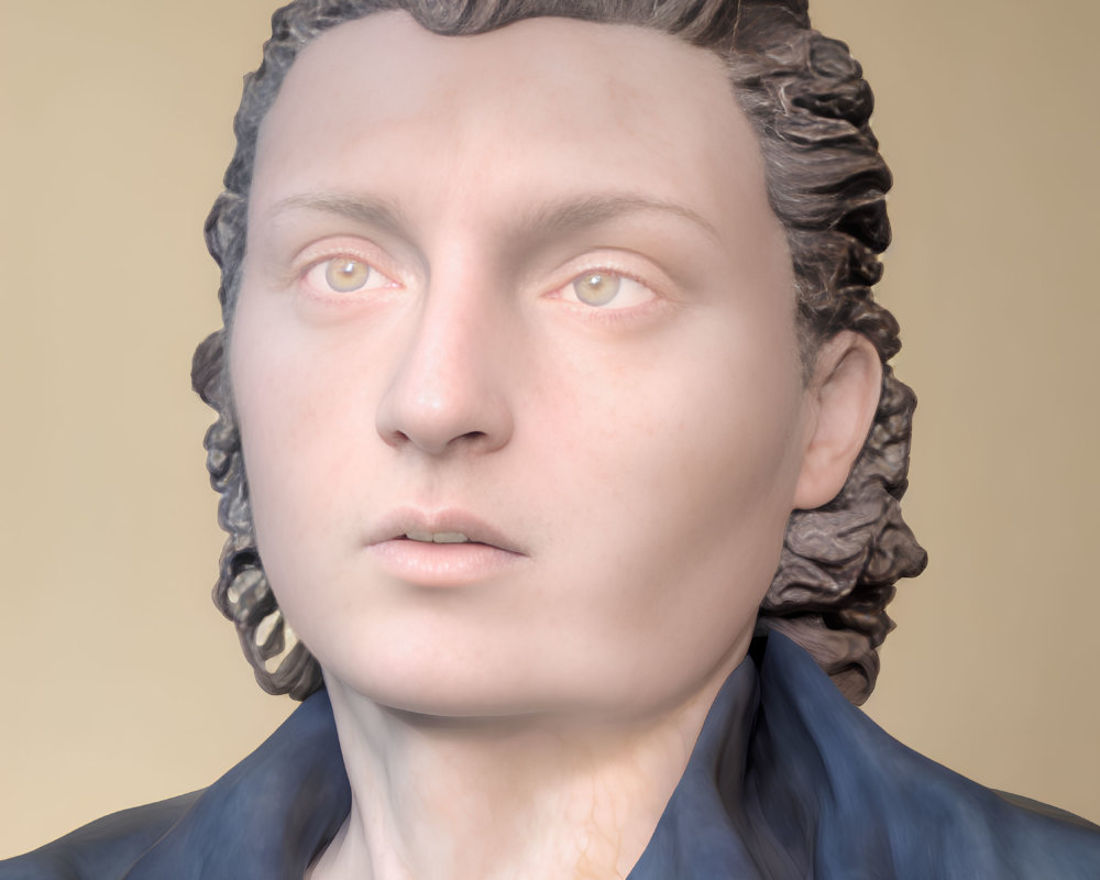 Digital 3D rendering of a person with pale skin, curly brown hair, and blue garment