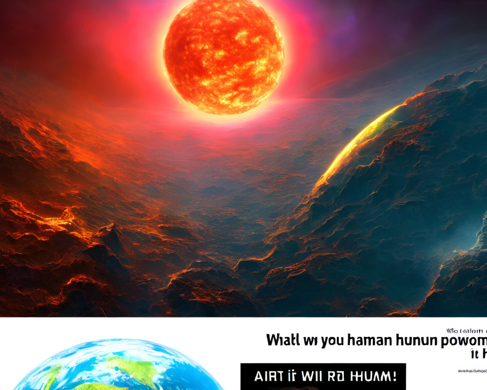 Large Fiery Sun Over Alien Landscape with Cryptic Text Overlay