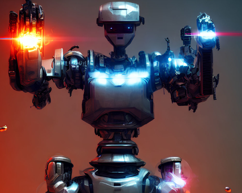 Futuristic humanoid robot with heavy armaments and glowing chest core