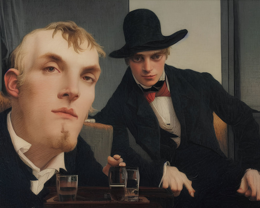 Men in 19th-Century Attire with Top Hat & Glasses on Wooden Surface