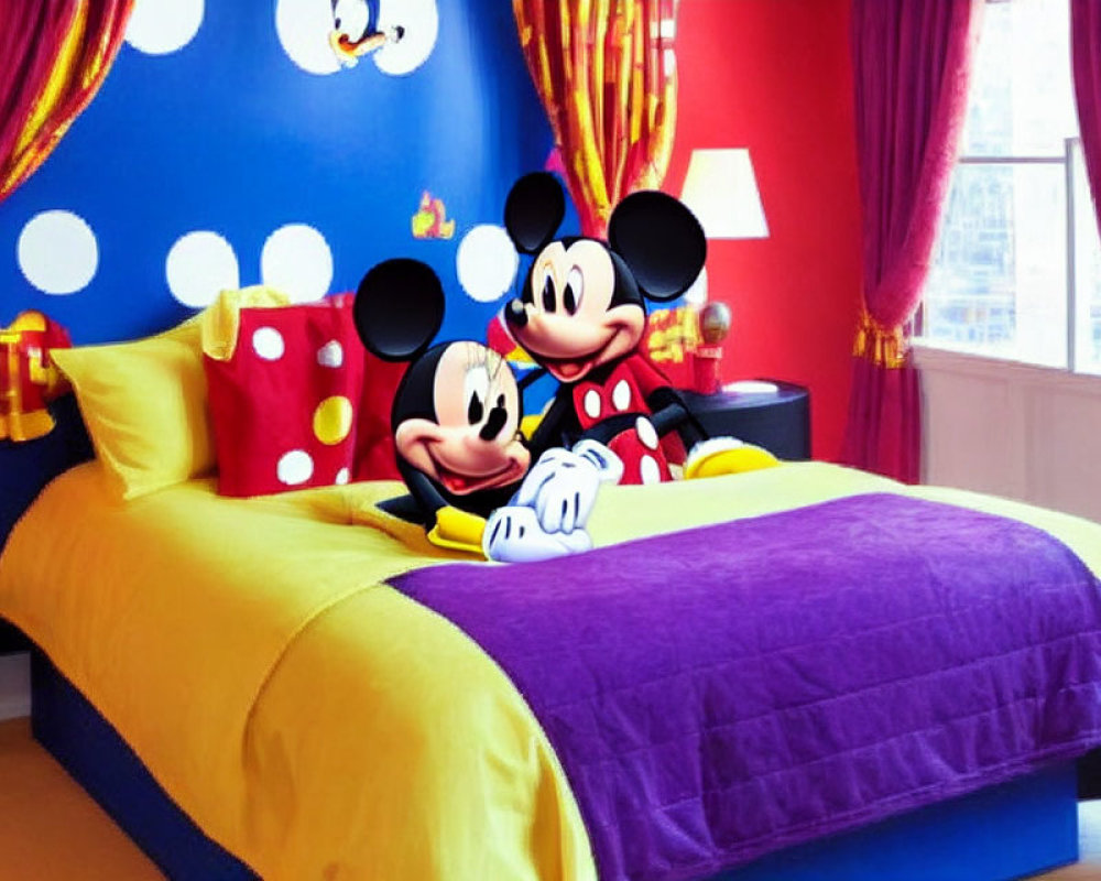 Vibrant Mickey Mouse themed bedroom decor with colorful linens