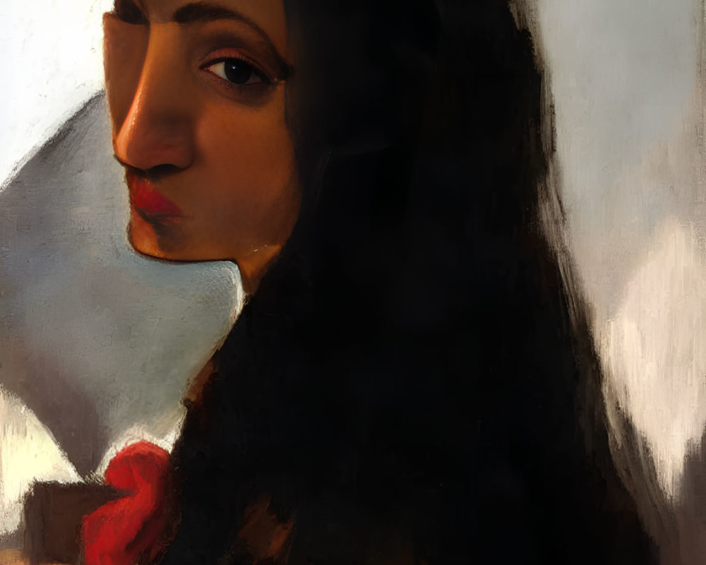 Portrait of Woman with Dark Hair and Red Lipstick in Contemplative Pose