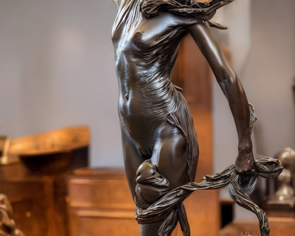 Bronze sculpture of woman mid-dance with flowing hair and textured dress