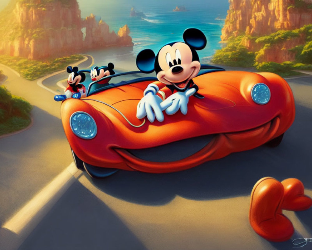 Cartoon character in red car with friend on coastal road at sunset