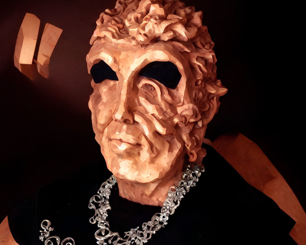 Curly-Haired Figure in Mask with Chain Necklace on Dark Background