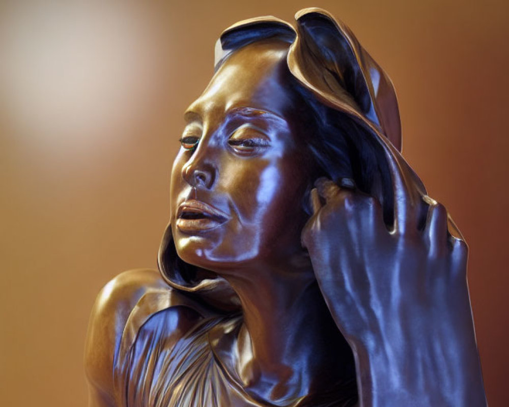 Metallic statue of woman with flowing hair and sunglasses on orange backdrop
