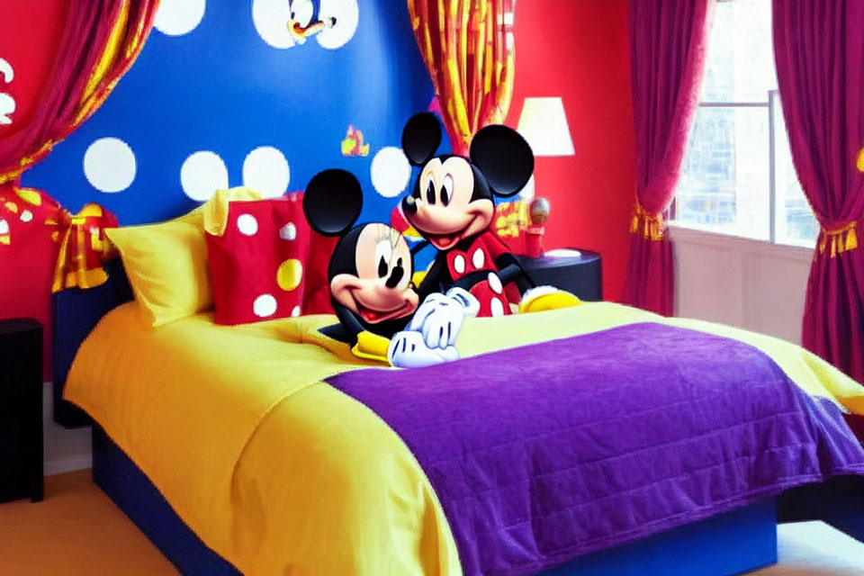 Vibrant Mickey Mouse themed bedroom decor with colorful linens